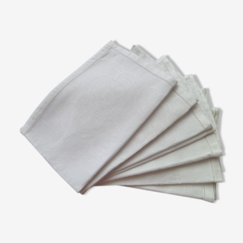Set de 6 anciennes serviettes de table en coton damassé. Petits jours aux ourlets