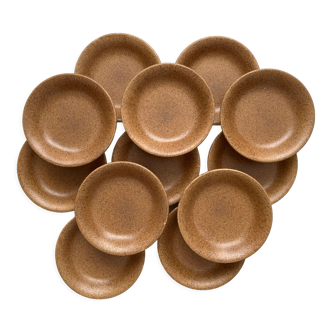 12 hollow plates caps in vintage Longchamp stoneware