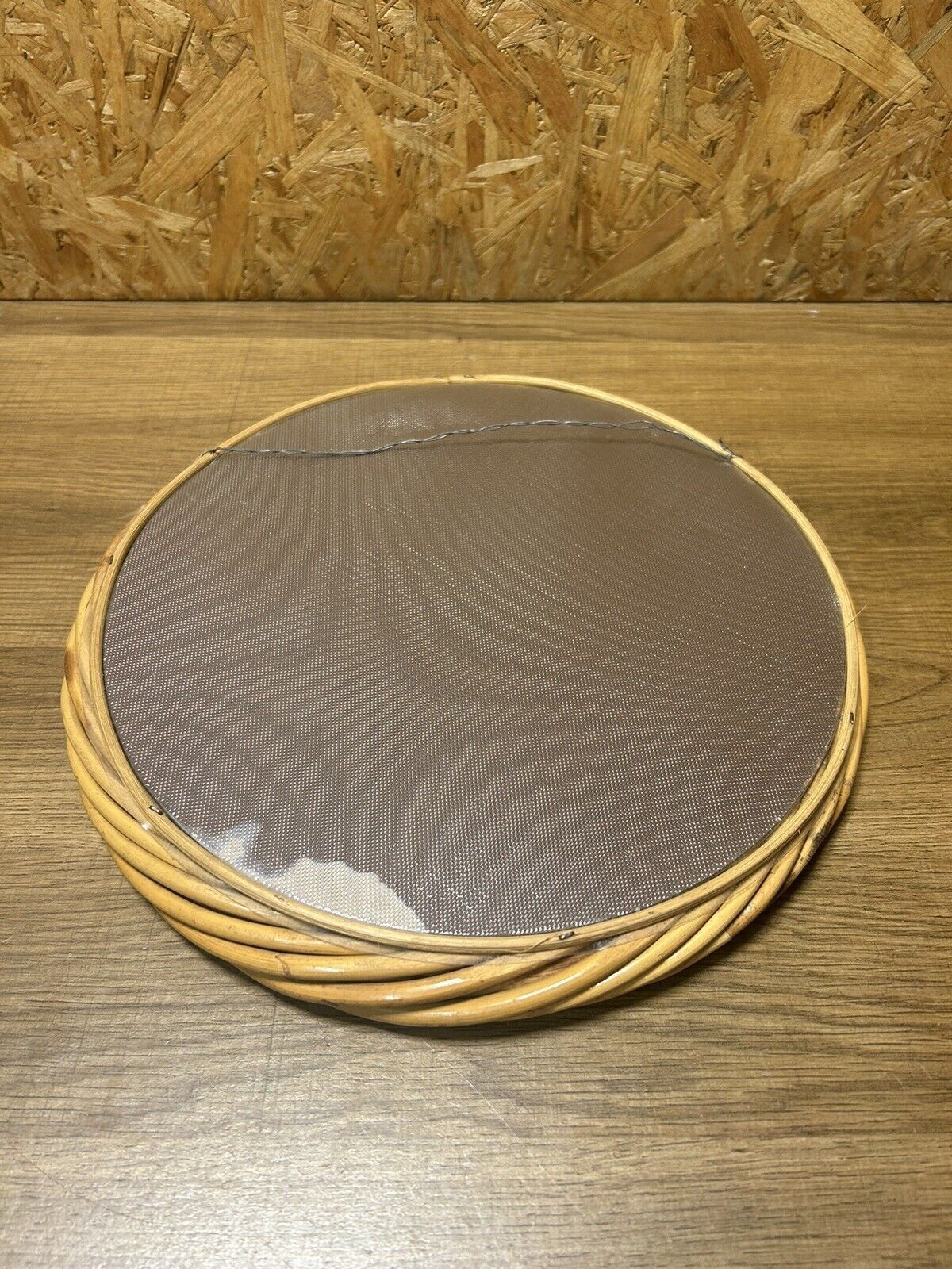Old vintage rattan round mirror, 70s, pop decoration