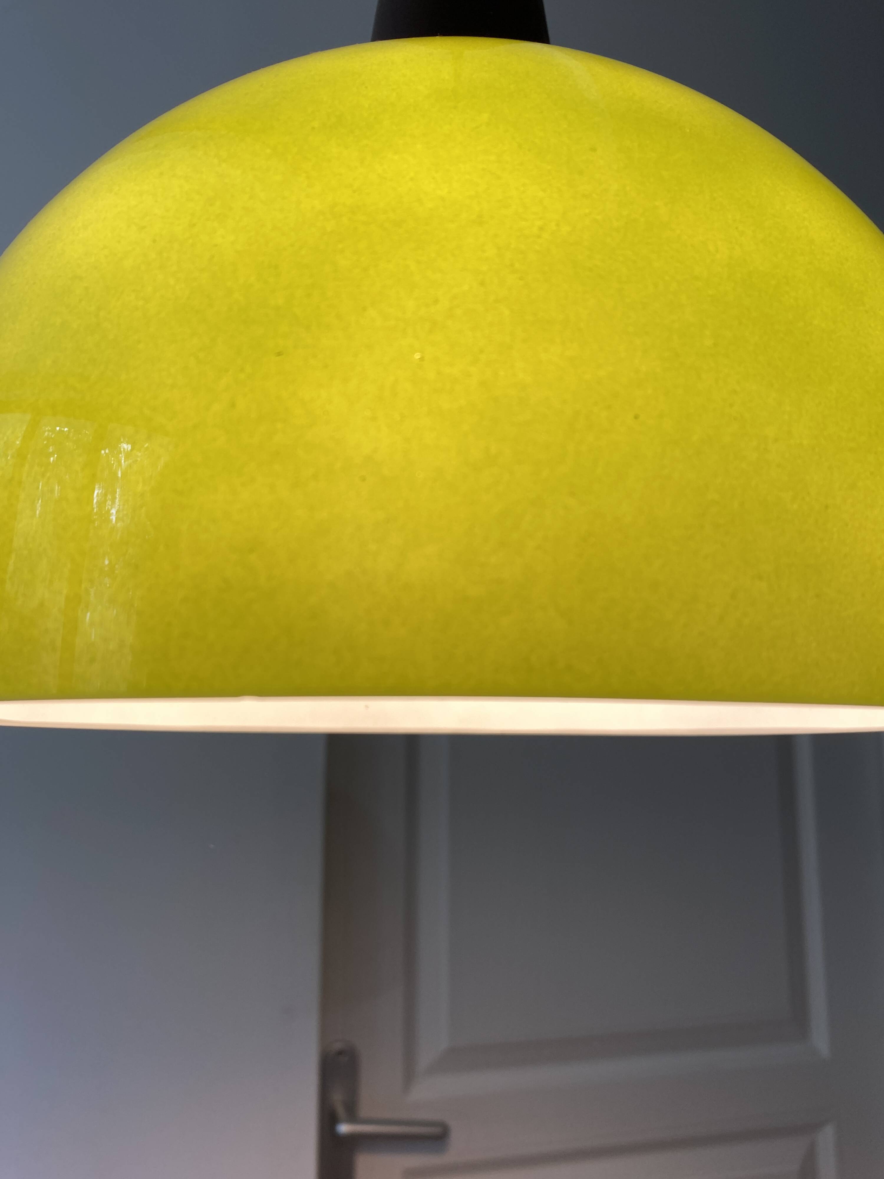 Vintage half globe pendant light in green opaline, imitation teak elements, 50s/60s