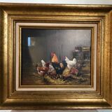 Oil on canvas: chickens and rooster