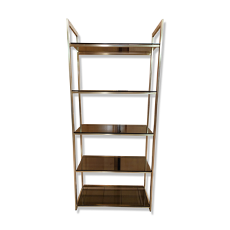 Vintage shelf in smoked glass and golden brass - 1970s