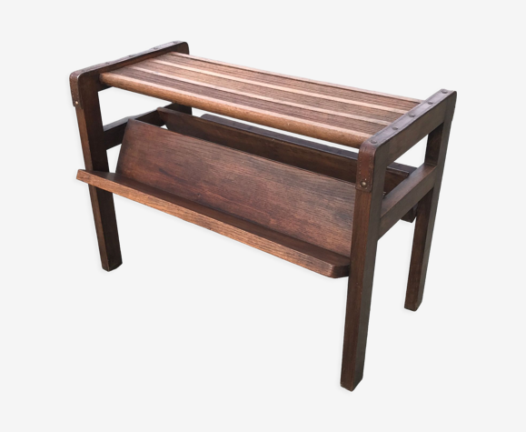 Table chêne et cuir vintage design brutaliste Annees 60