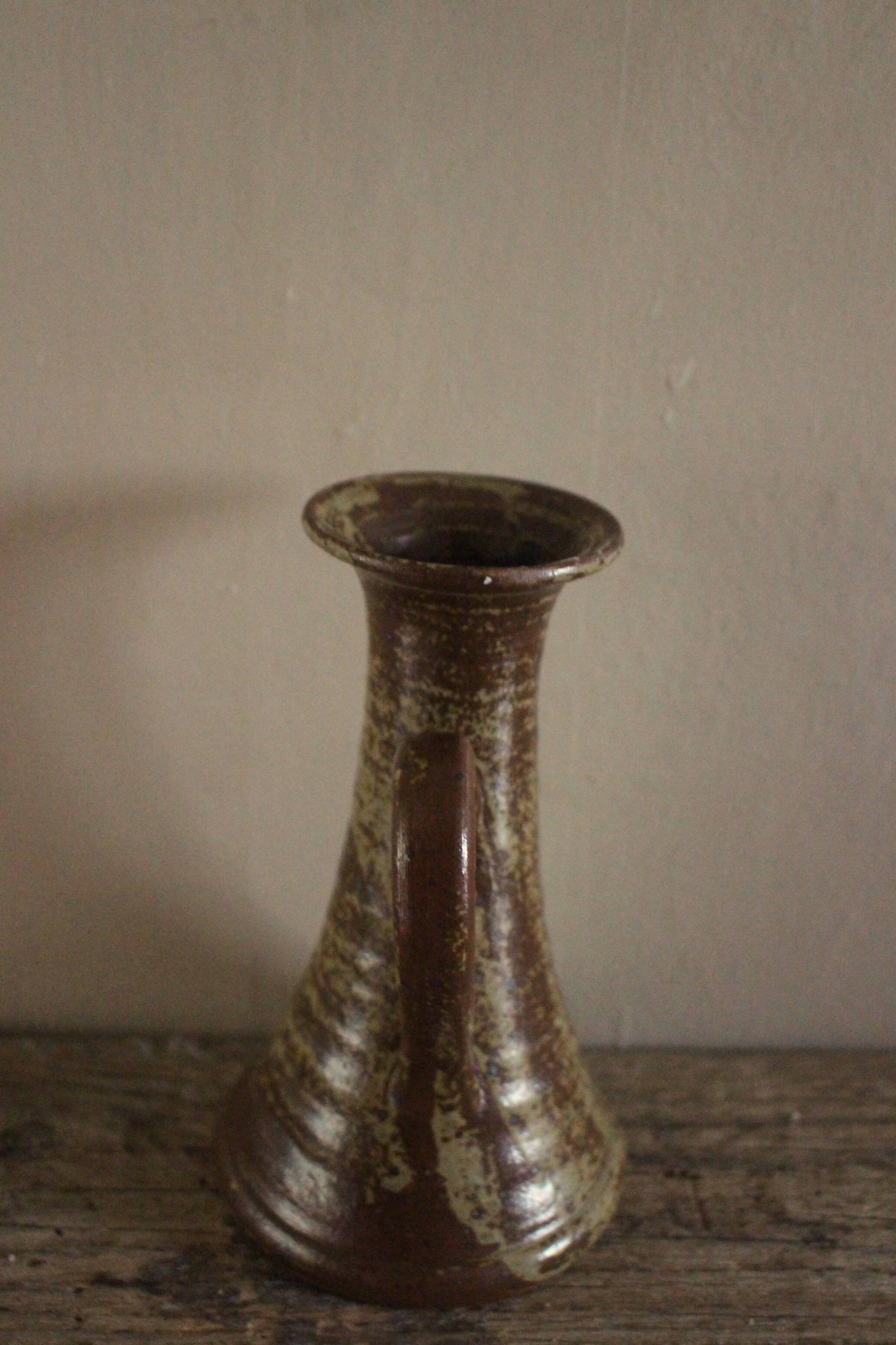 Vintage stoneware candle holder with pyrite glaze and handle