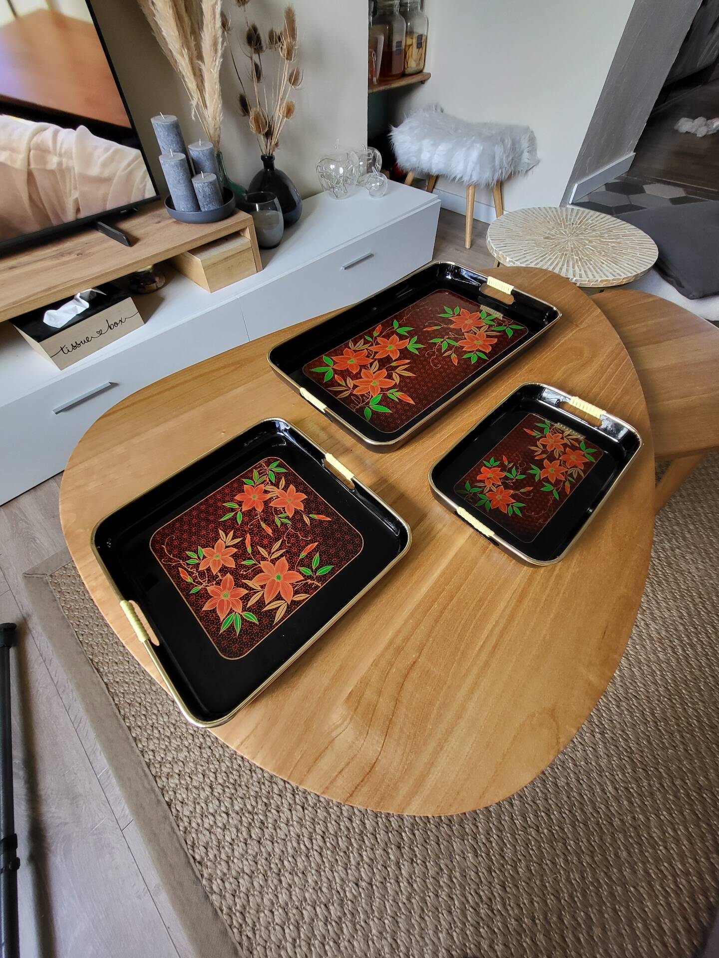 Set of Three Japanese Lacquered Plastic Trays ESIA 1970s