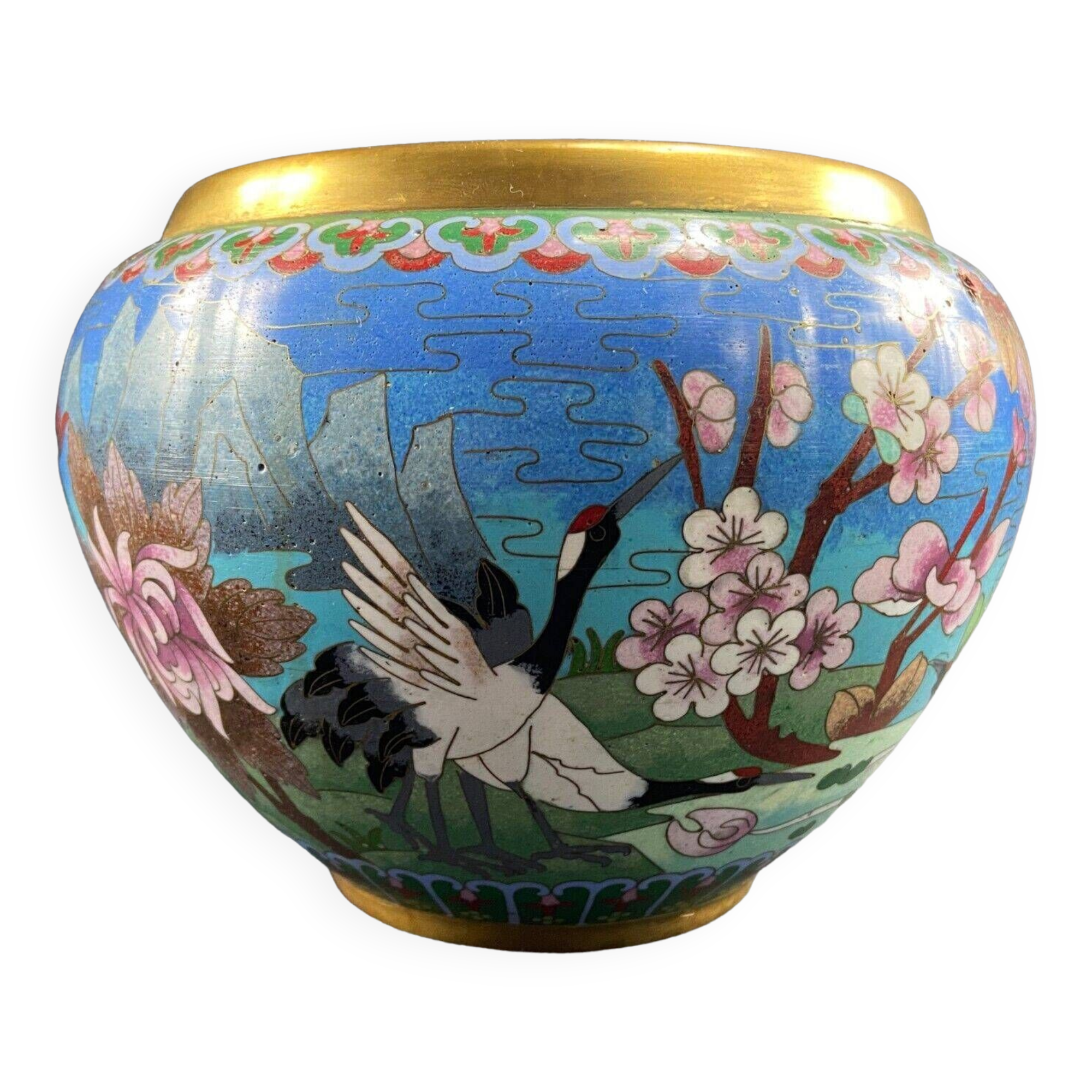 Cloisonné enamel pot cover with floral decoration with heron China Japan