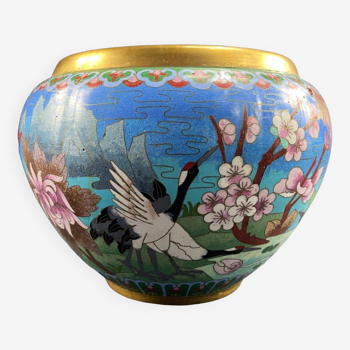 Cache pot en émail cloisonné à décor floral au héron Chine Japon