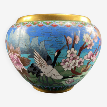 Cloisonné enamel pot cover with floral decoration with heron China Japan
