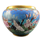 Cloisonné enamel pot cover with floral decoration with heron China Japan