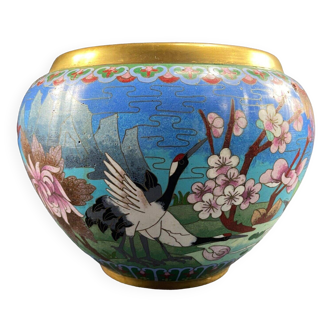 Cache pot en émail cloisonné à décor floral au héron Chine Japon