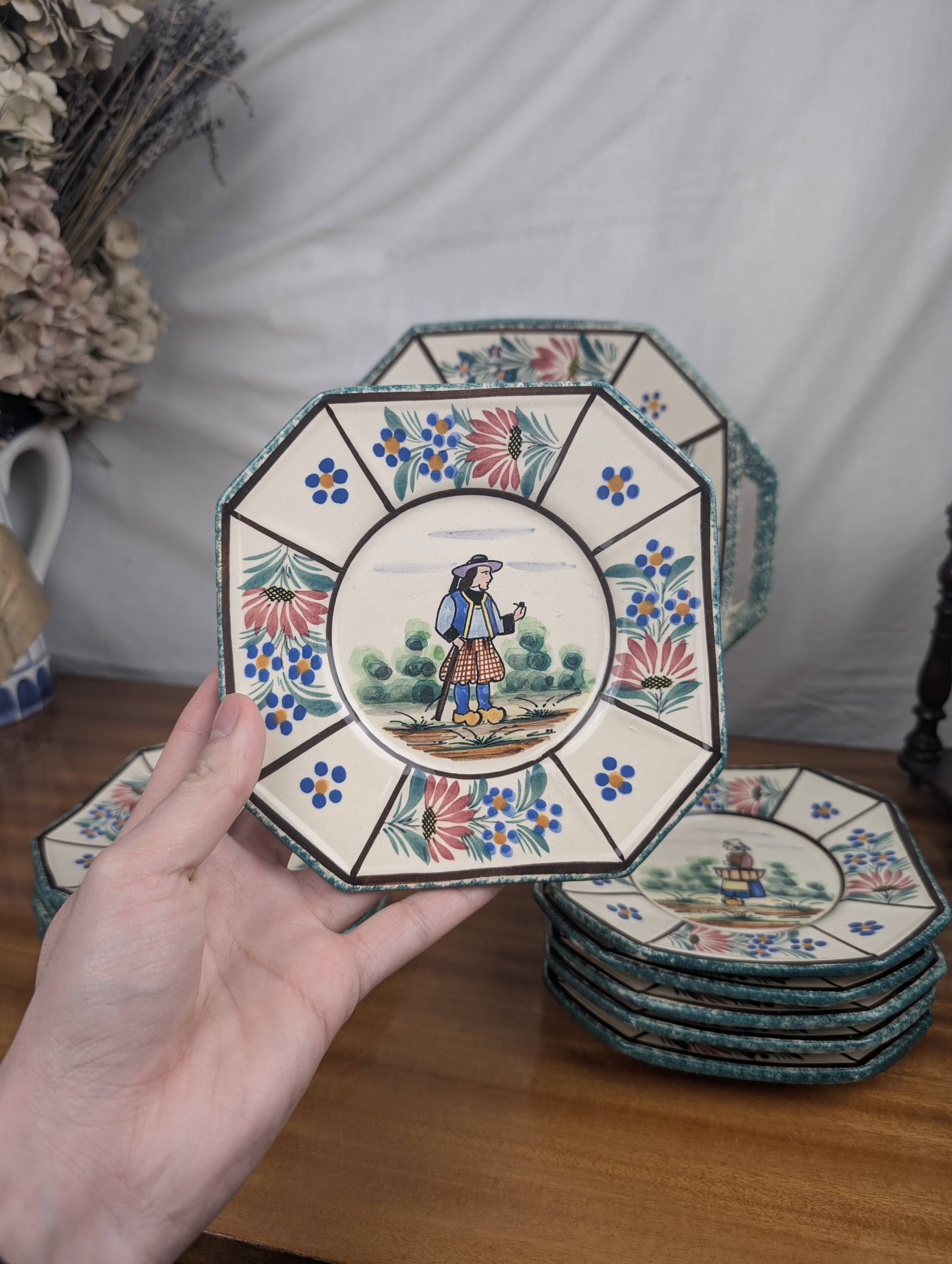 Henriot Quimper RM Octagonal Dessert Service Breton Couple Art Deco Style