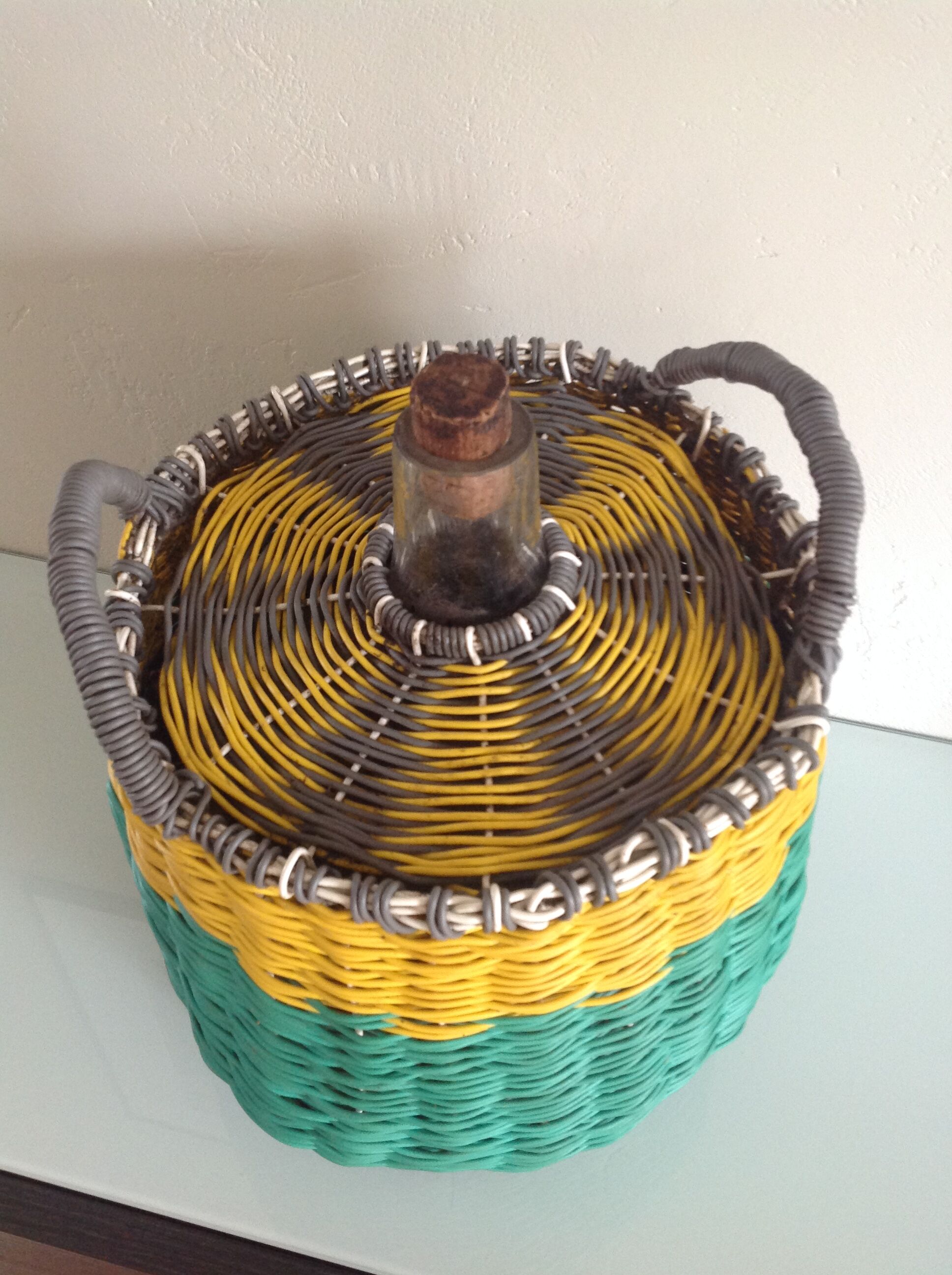 Vintage clothing colorful Wicker bottle green yellow and gray