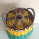 Vintage clothing colorful Wicker bottle green yellow and gray