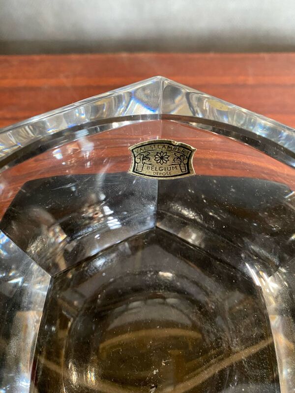 Ancien Cendrier Val St Lambert Cristal + Support Cuir Le Tanneur + Boîte