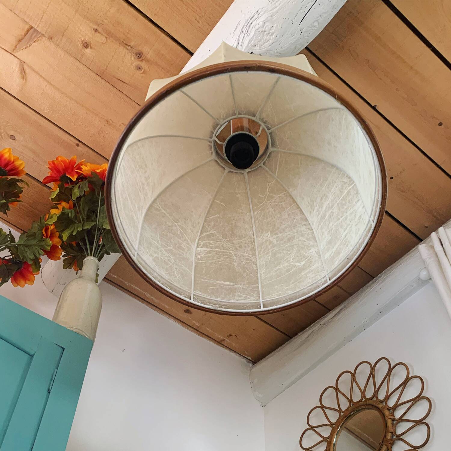 Vintage leather and rattan pendant light
