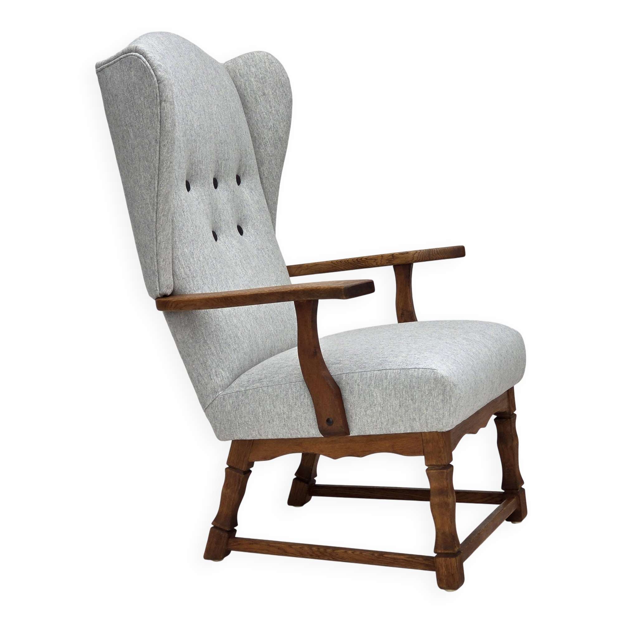 1950s, Danish high-backed armchair, reupholstered, wool, oak wood.