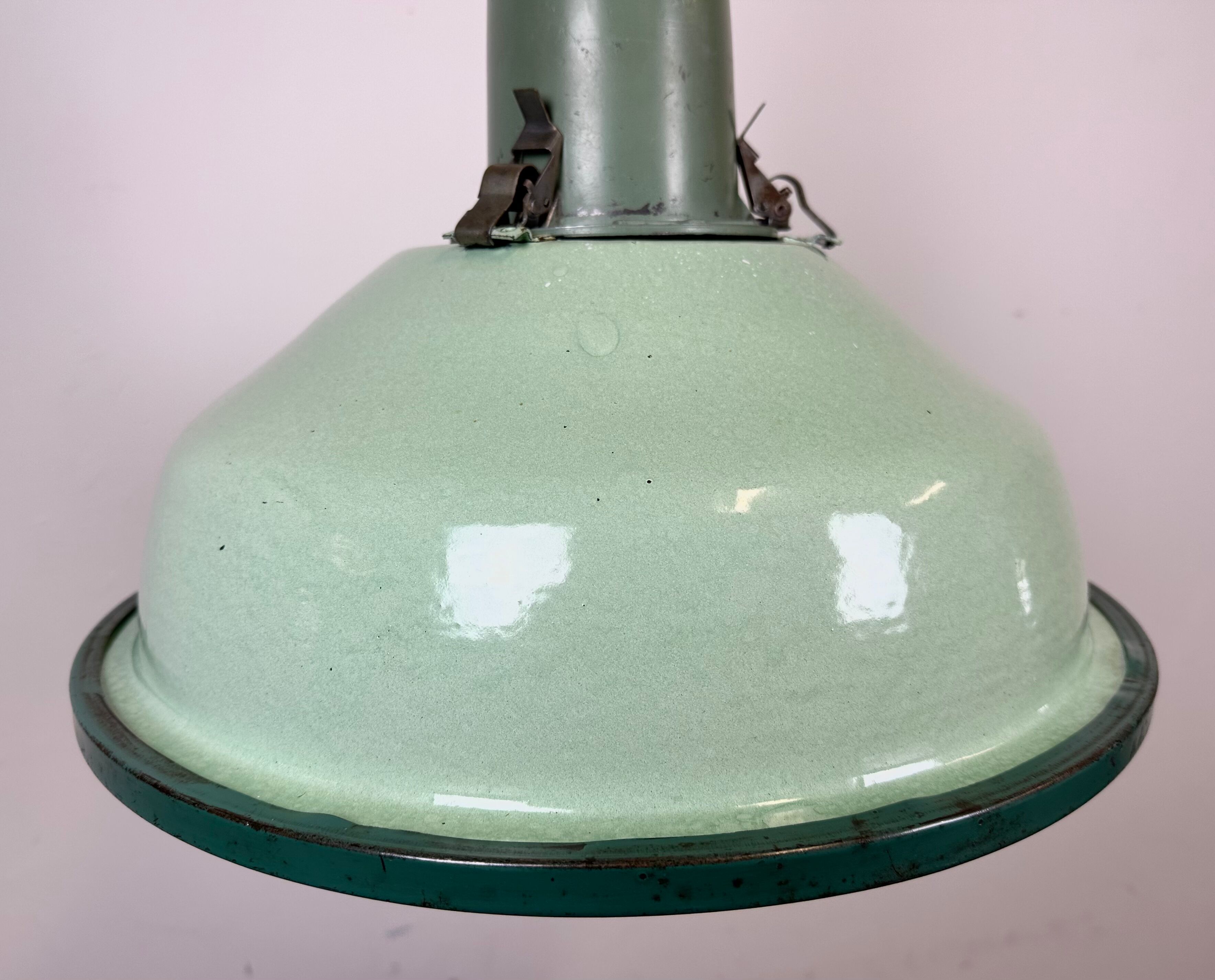 Industrial soviet green enamel pendant light with glass cover, 1960s