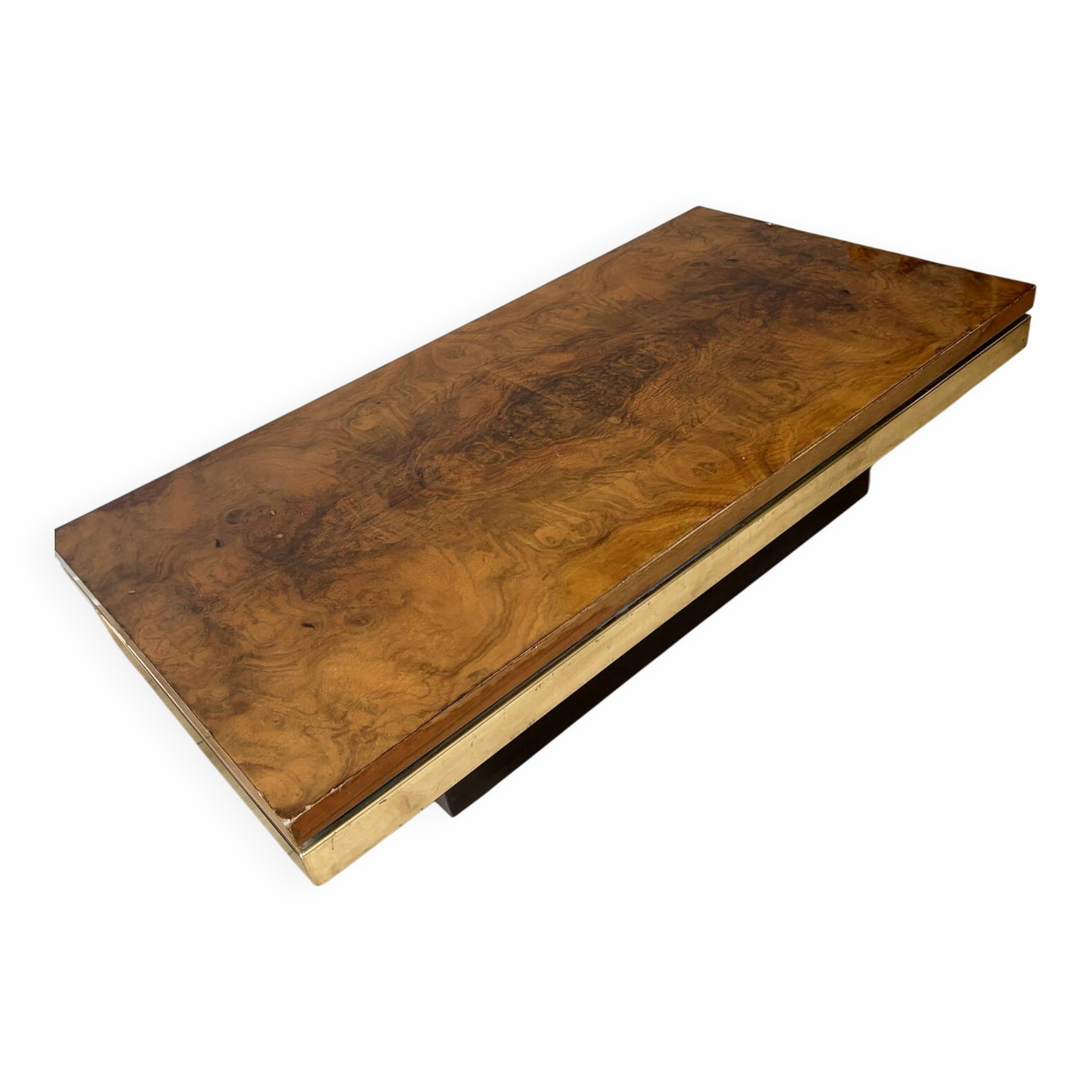 Elm burl coffee table and brass 70s Roche Bobois