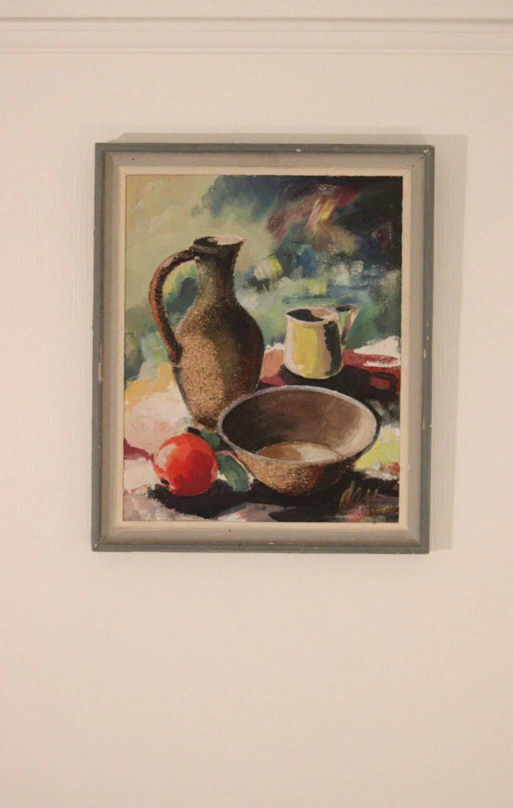 Huile sur toile suédoise originale vintage – nature morte avec vase et fleurs