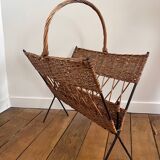 Large vintage 1960s magazine rack in rattan and black steel
