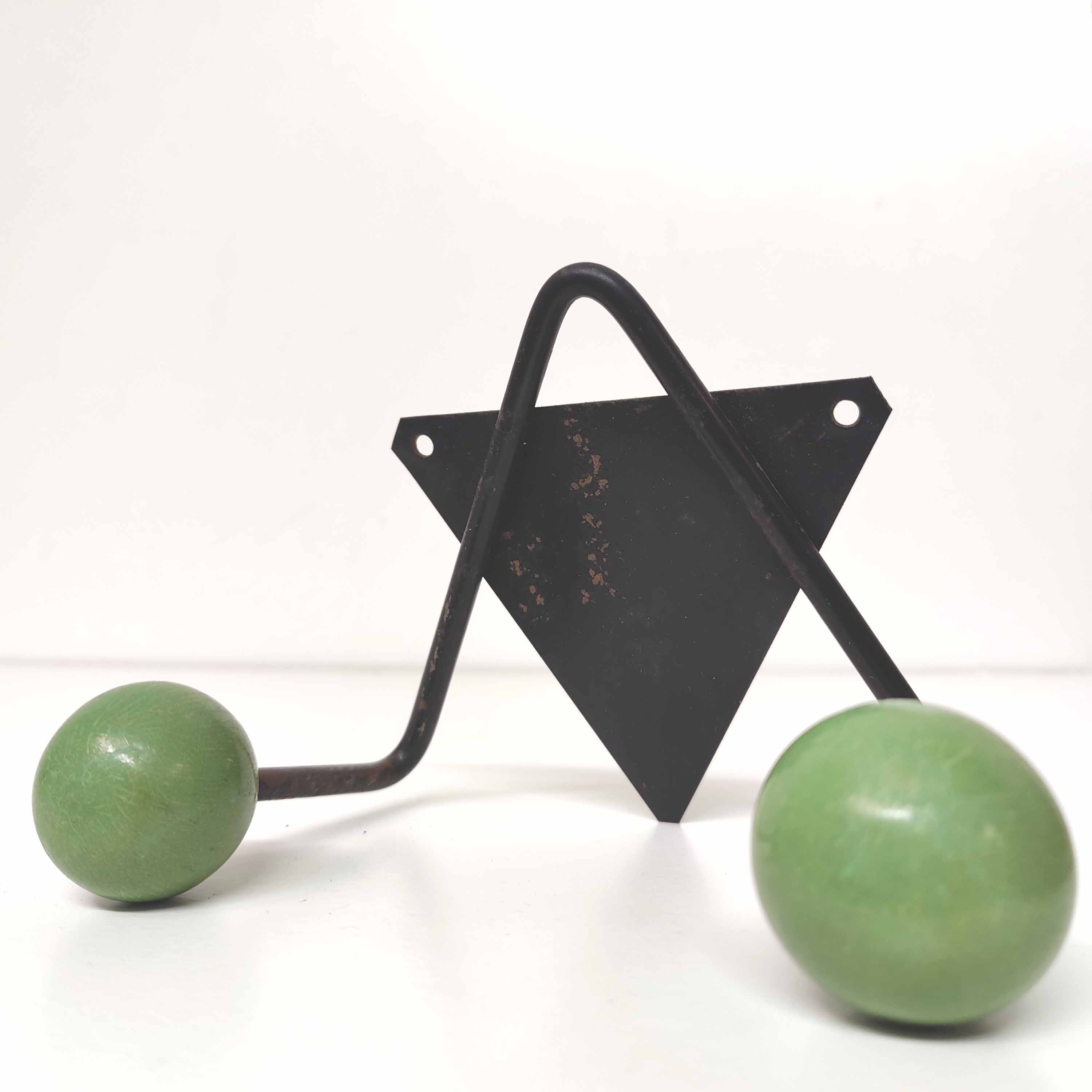 Coat rack V hooks balls green wood