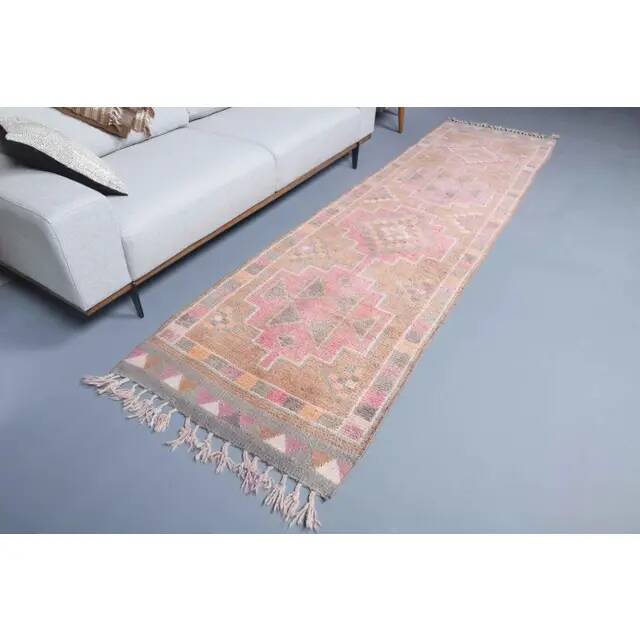 Vintage Turkish Hand-Knotted Wool Cotton Pink Runner92x335