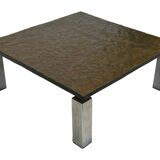 Vintage Square coffee table with slat stone top and chromed steel base - 1960s