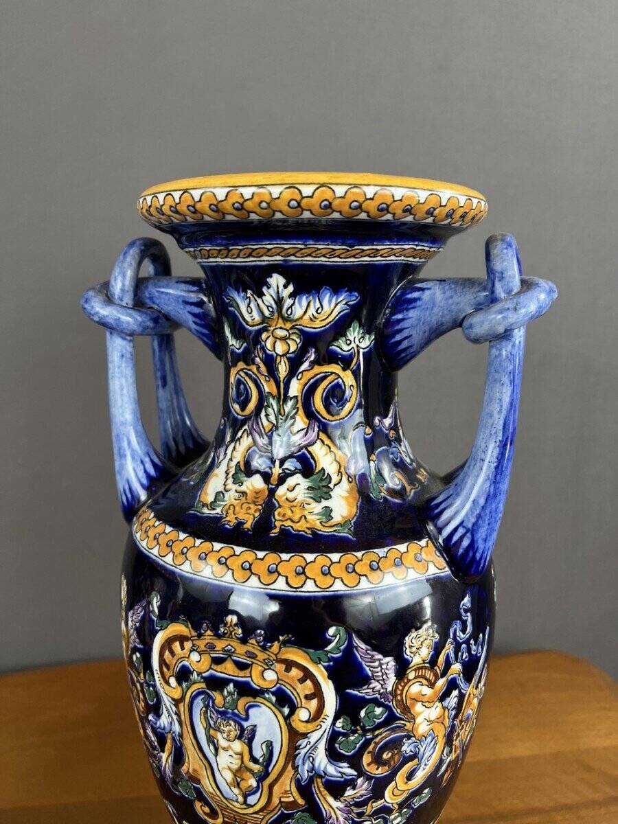 Pair of Gien Ceramic Vases Magnificent Renaissance Decor 20th Century