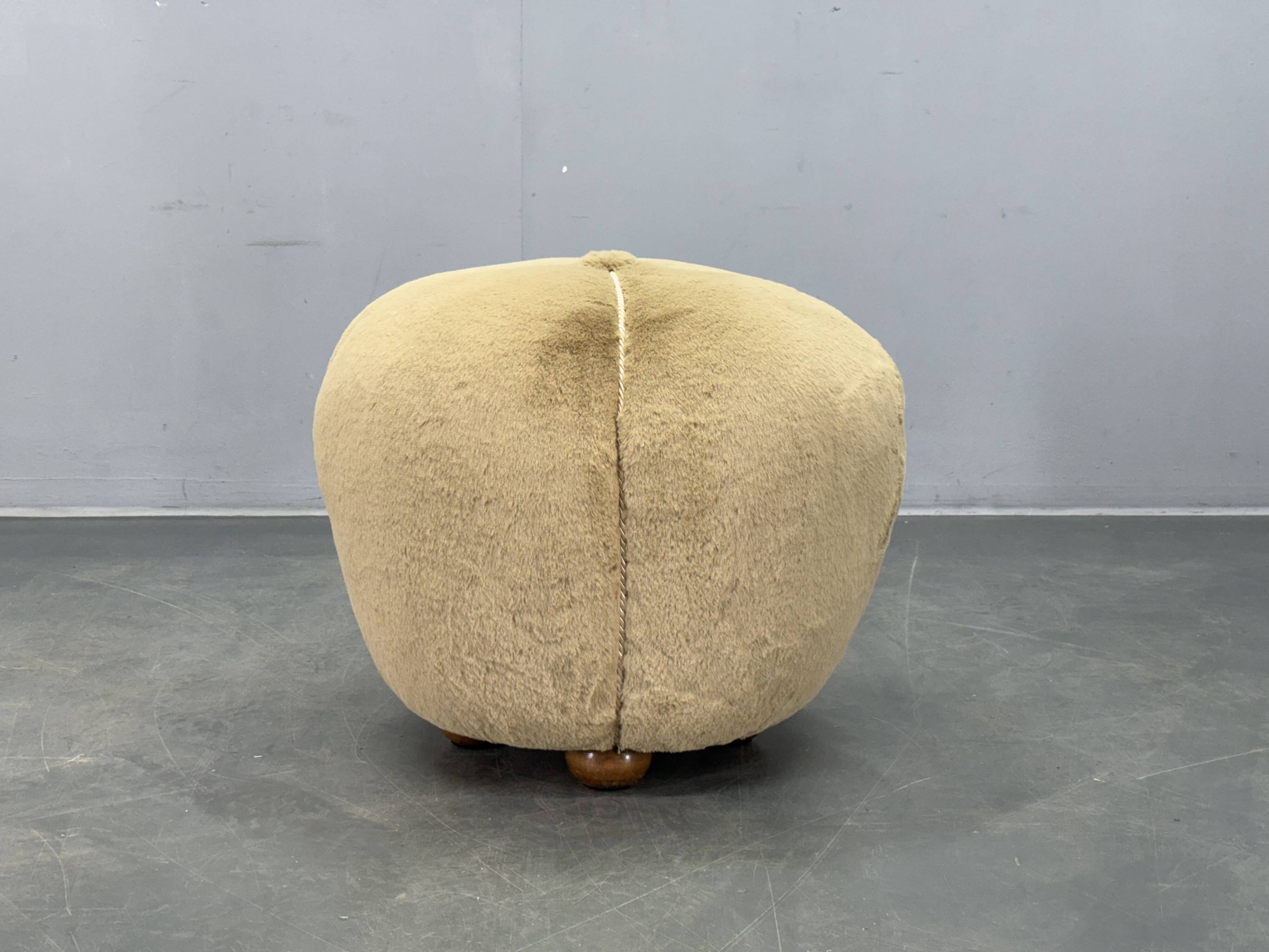 1940s Czech Art Deco Round Stool with Faux Rabbit Upholstery