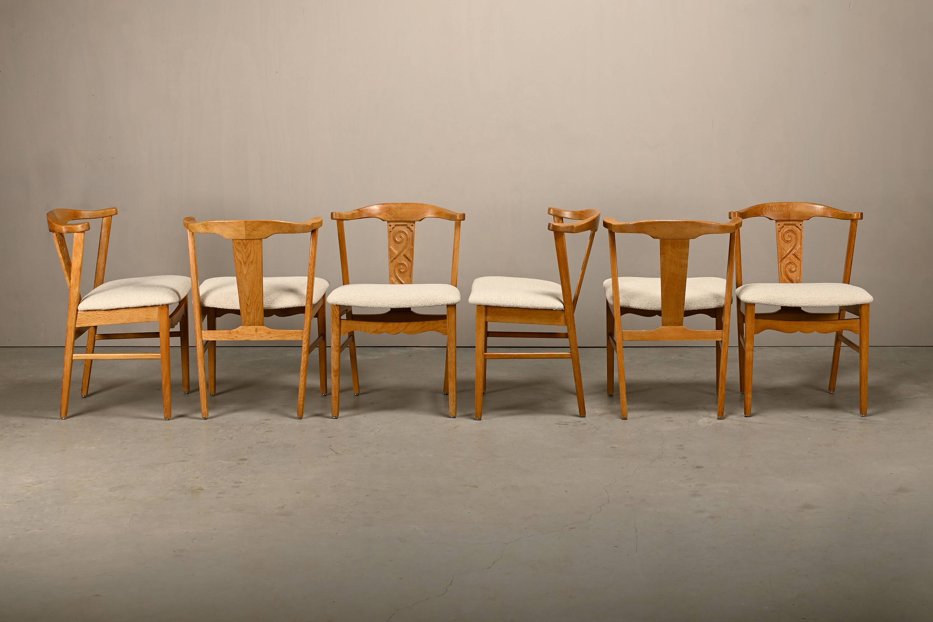 Brutalist Dining Chairs in style of Henning Kjærnulf in Oak and Bouclé