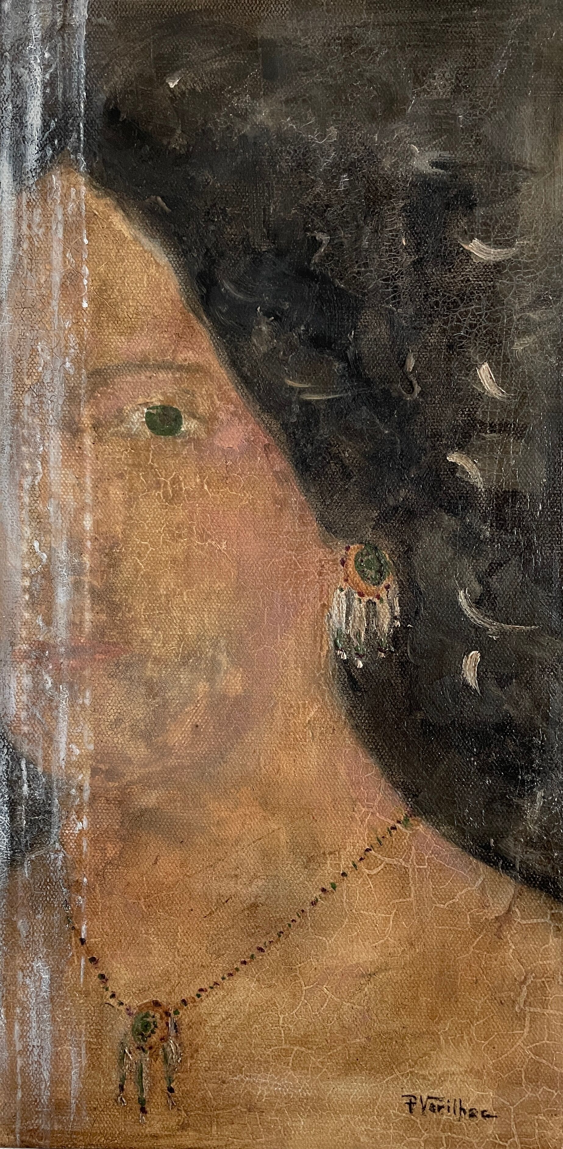 Huile sur toile portrait femme bijoux