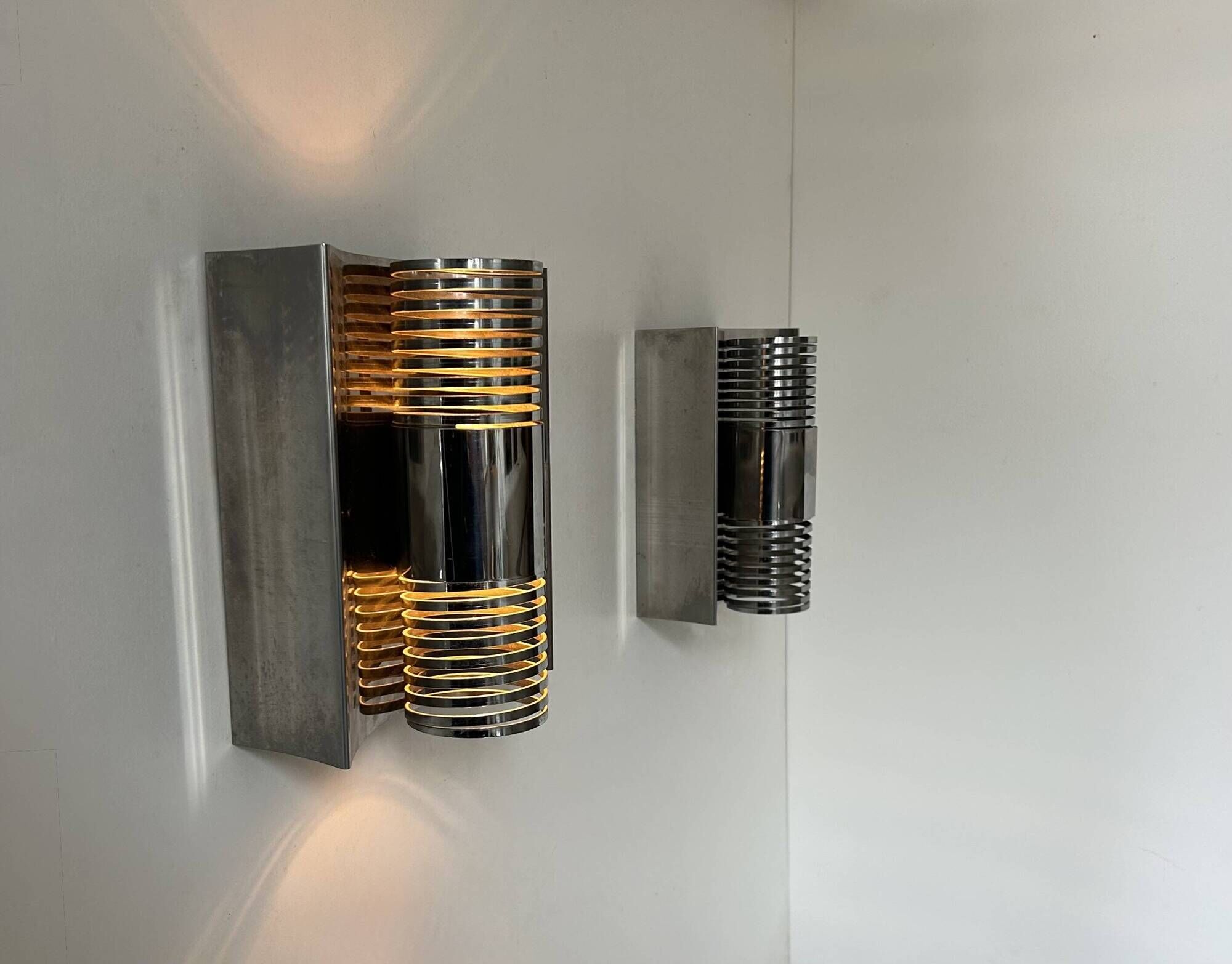 Pair of vintage chrome metal wall lights, France 1970
