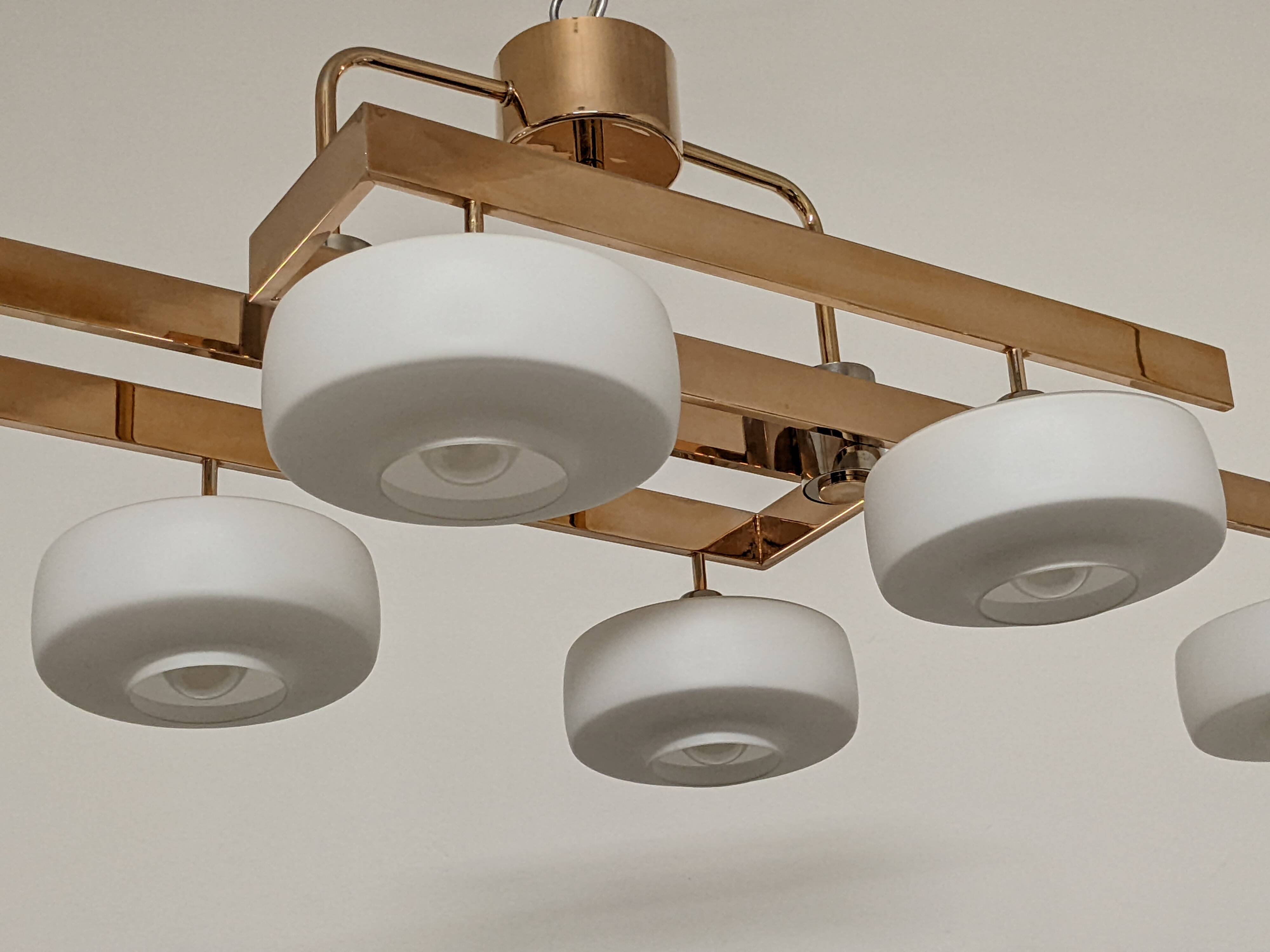 Arlus chandelier with 6 lights in opaline and brass from the 60s/70s