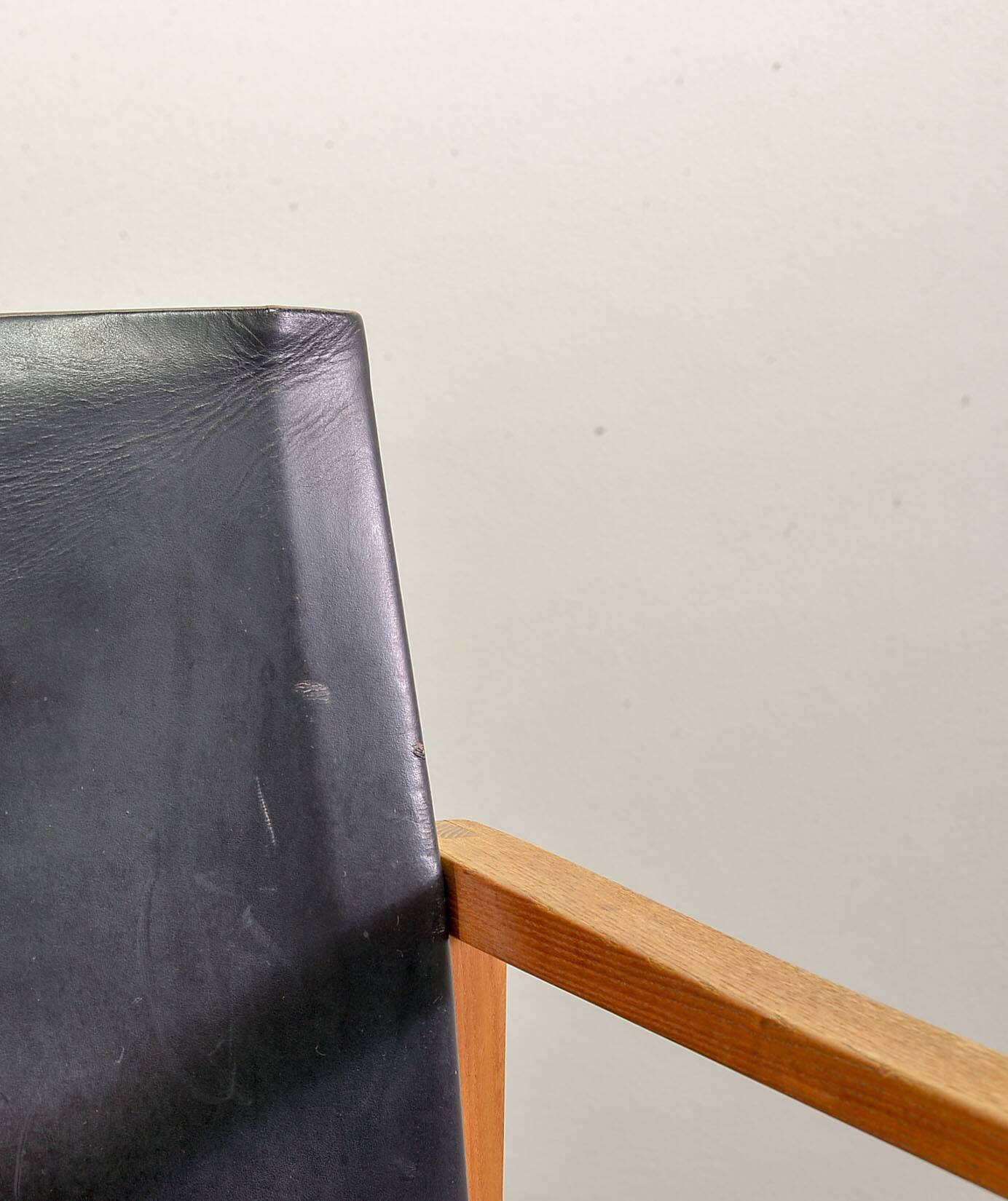 Brutalist Nordic Scandinavian Solid Oakwood and Black Leather Armchairs 60s