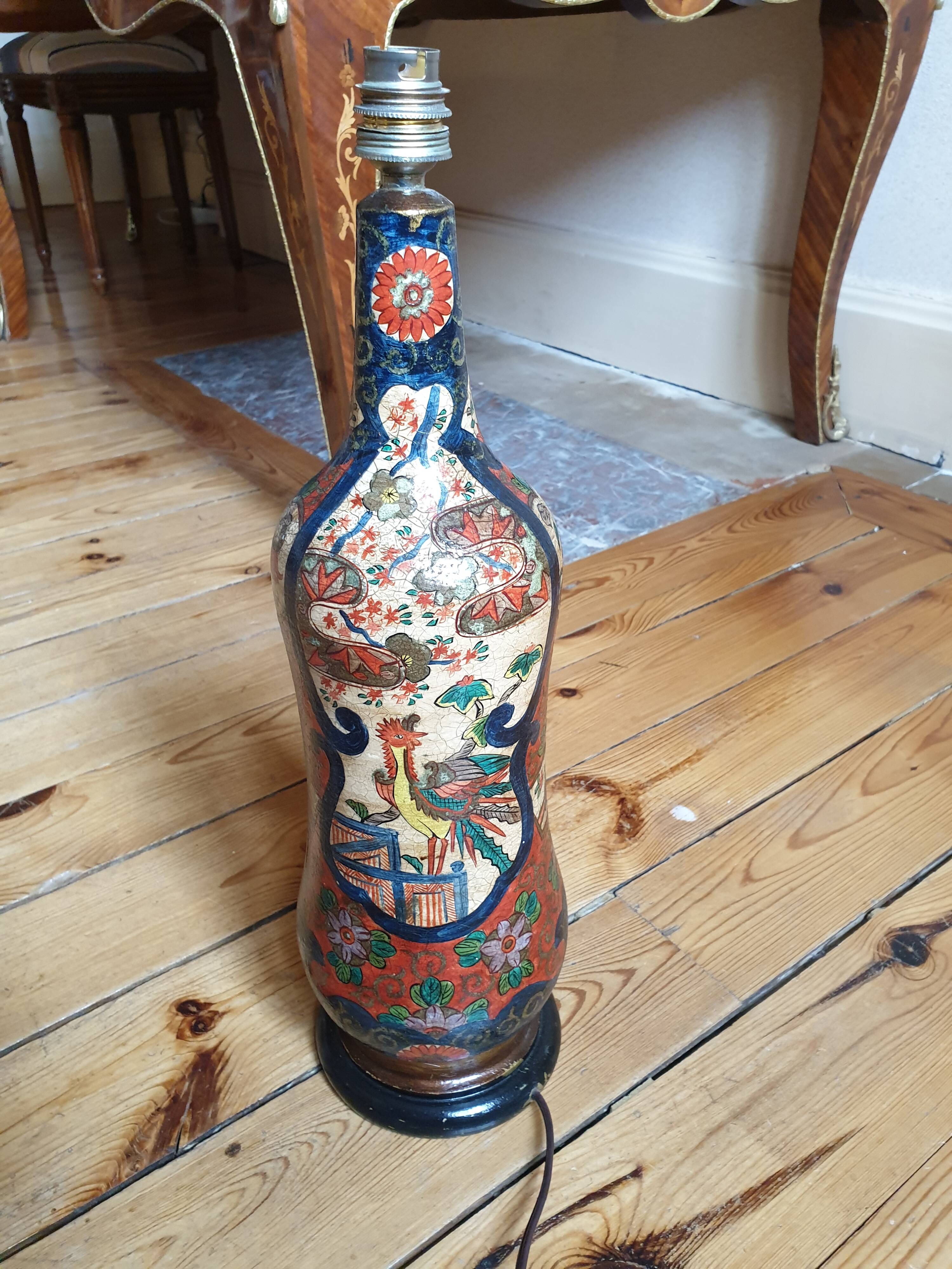 Multicolored painted wooden lamp with floral and animal decoration