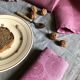 Set of four old damasked towels dyed cyclamen