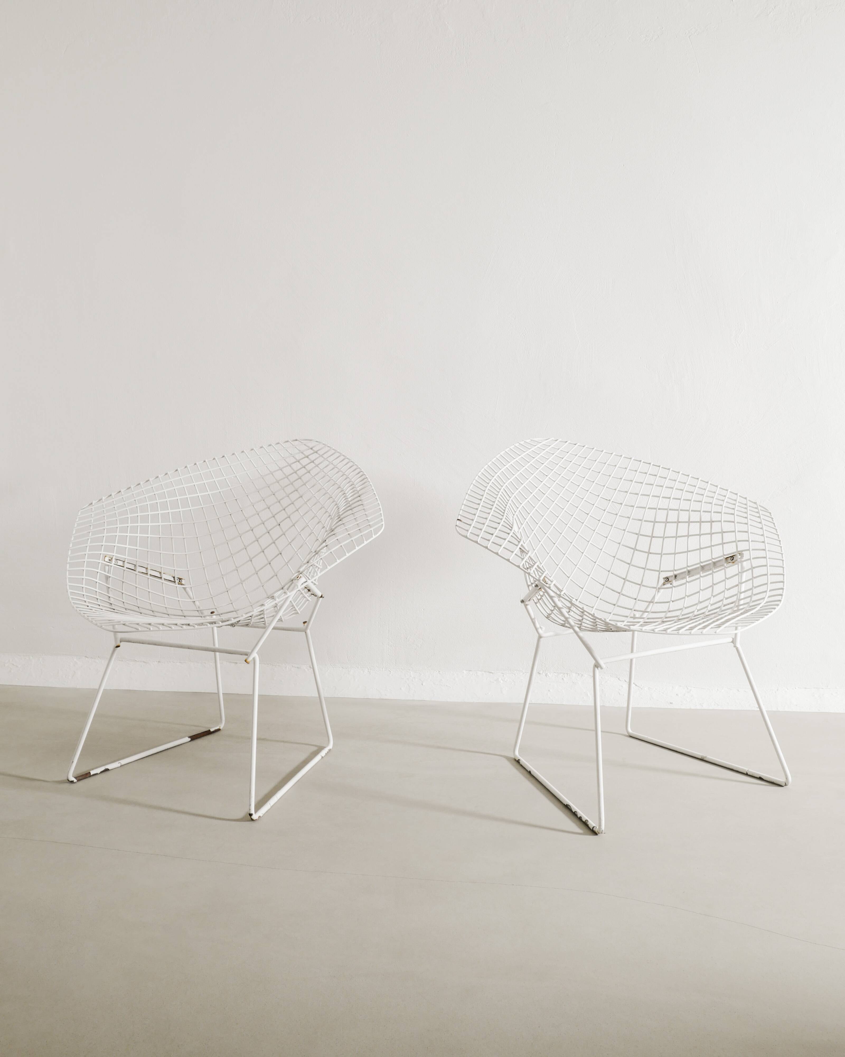 Vintage Mid Century White Metal Diamond Chairs by Harry Bertoia, 1950s