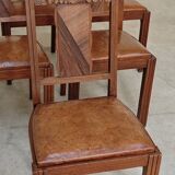Set of 6 Art Deco chairs in Oak and Walnut with camel leather.