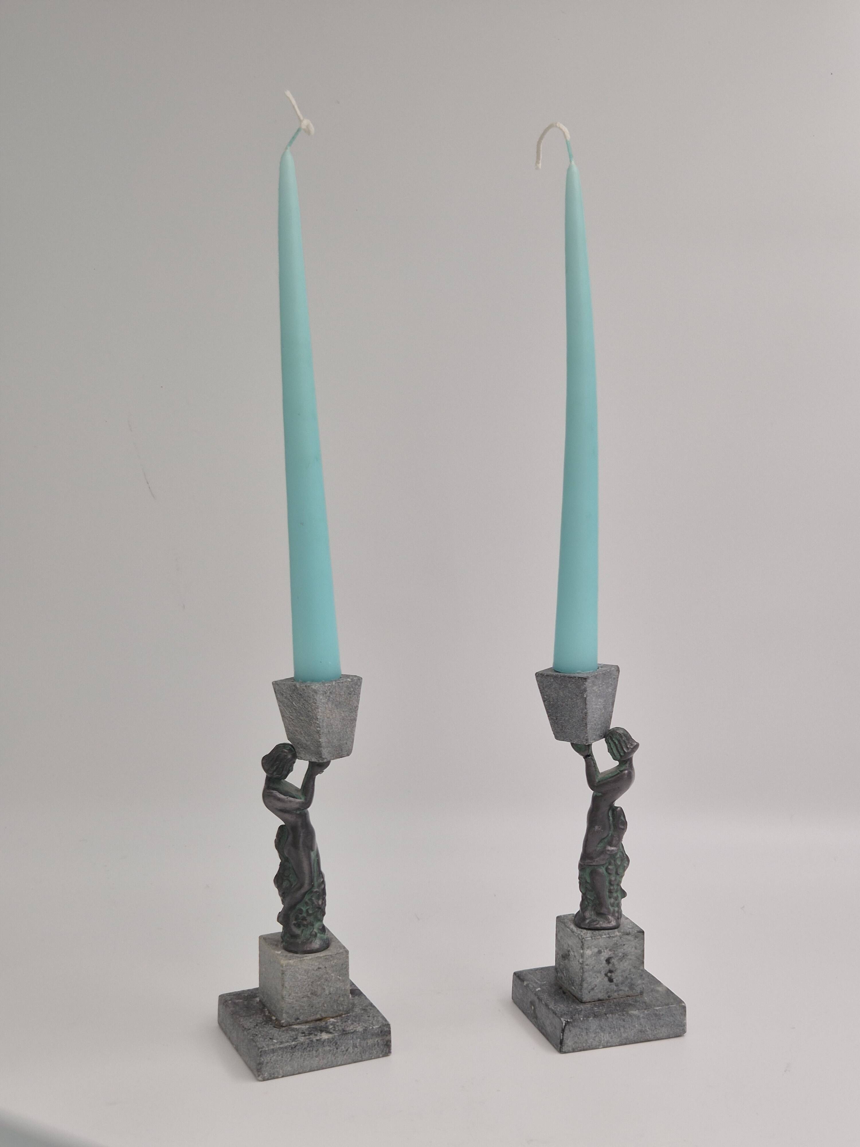 Rare decorative candlesticks in bronze and soapstone, Finland, Art Deco