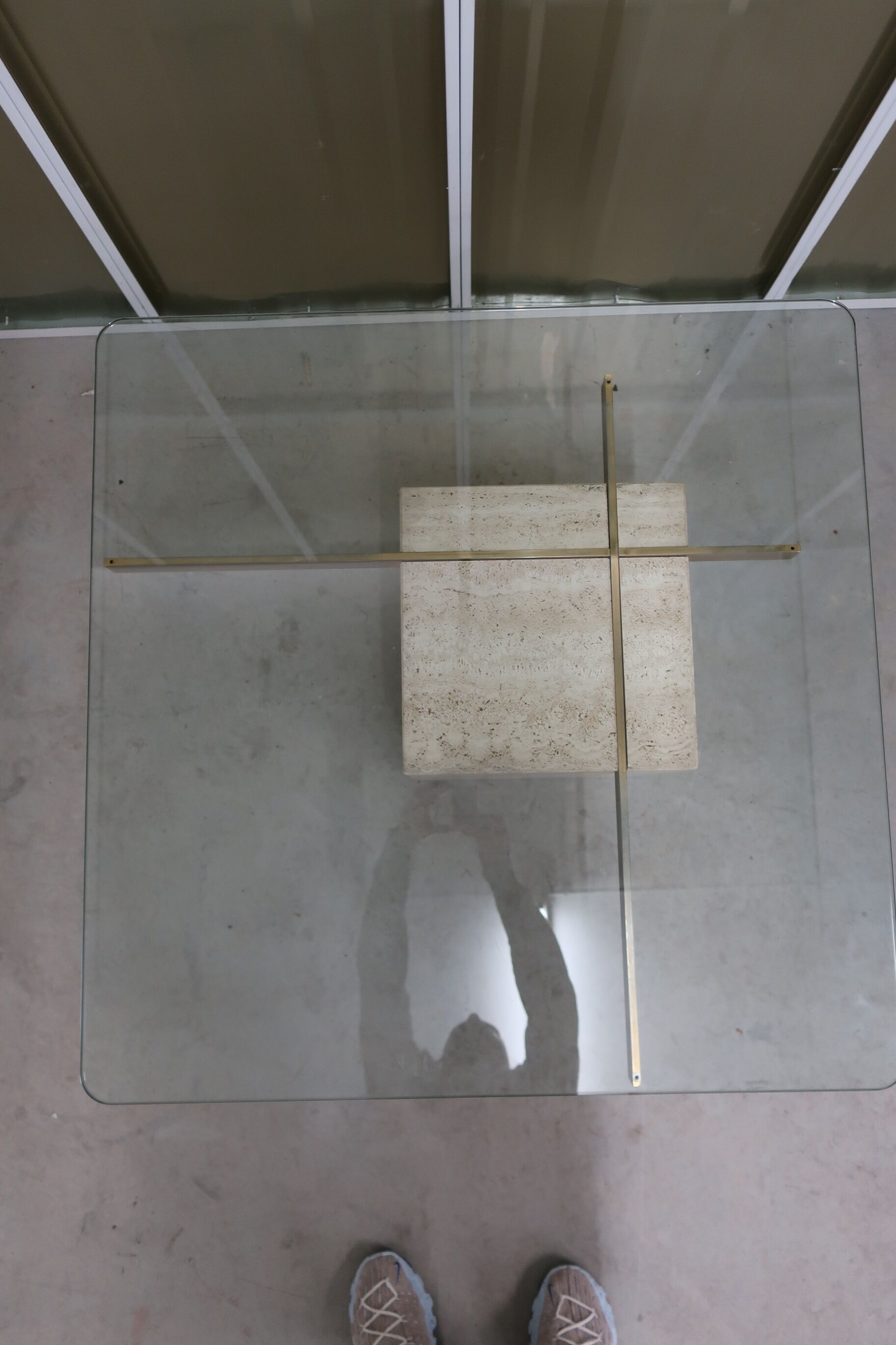 70s travertine and brass coffee table