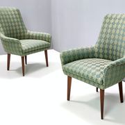 Green fabric and beech armchairs, italy
