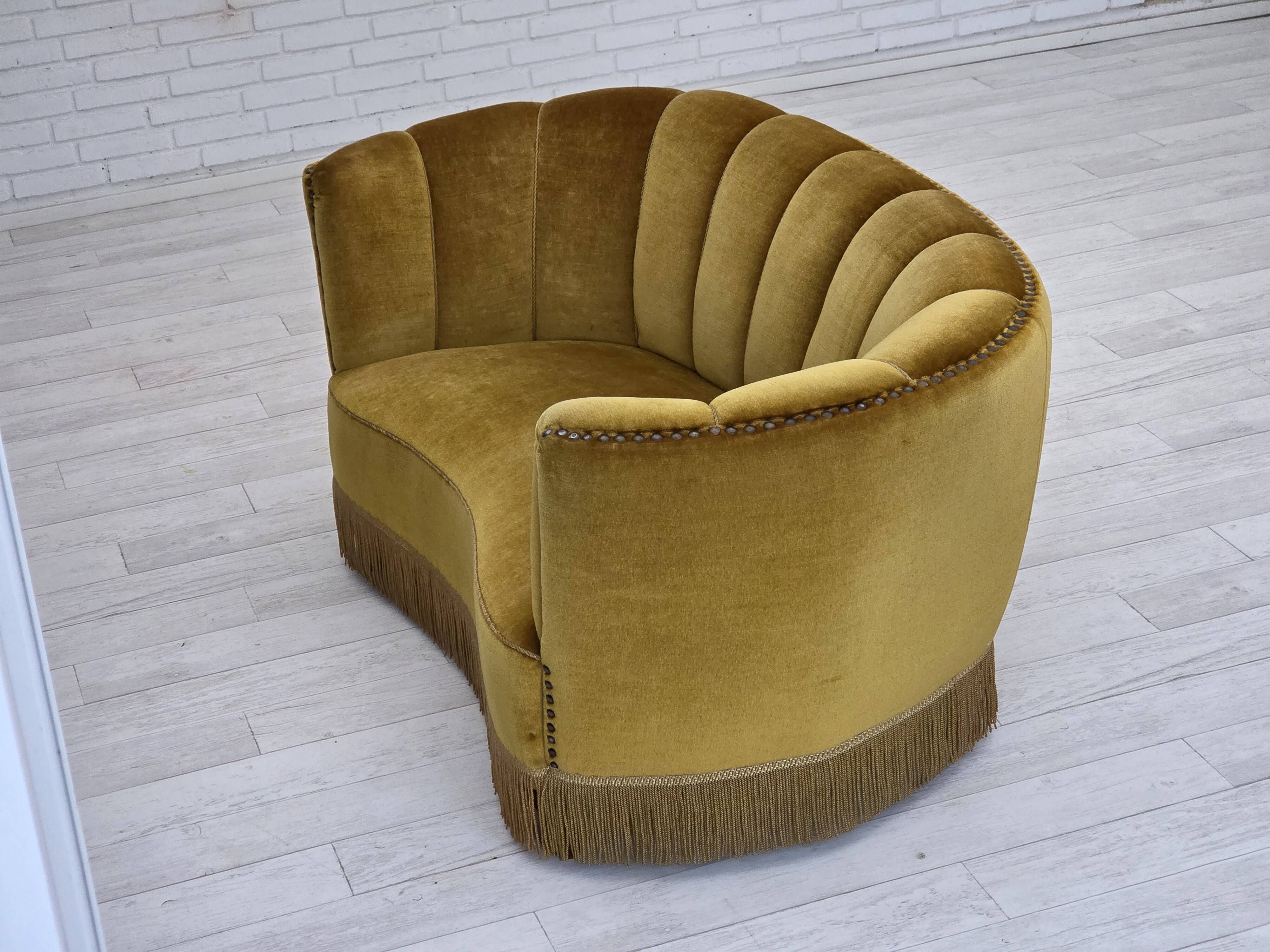 1960s, Danish 2-seater "Banan" sofa, green furniture velour, oak wood.