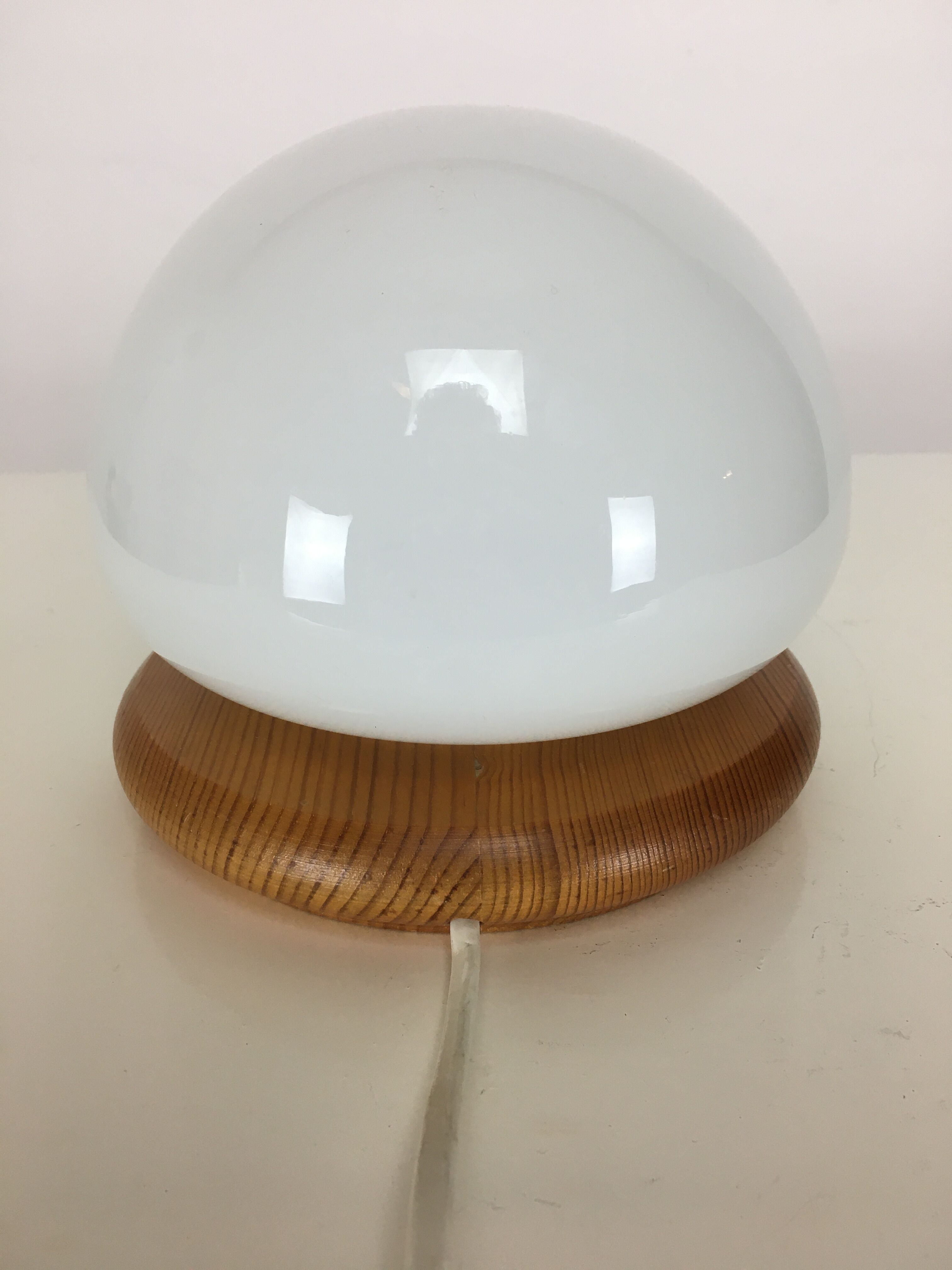 Mushroom lamp, white opaline on pine base
