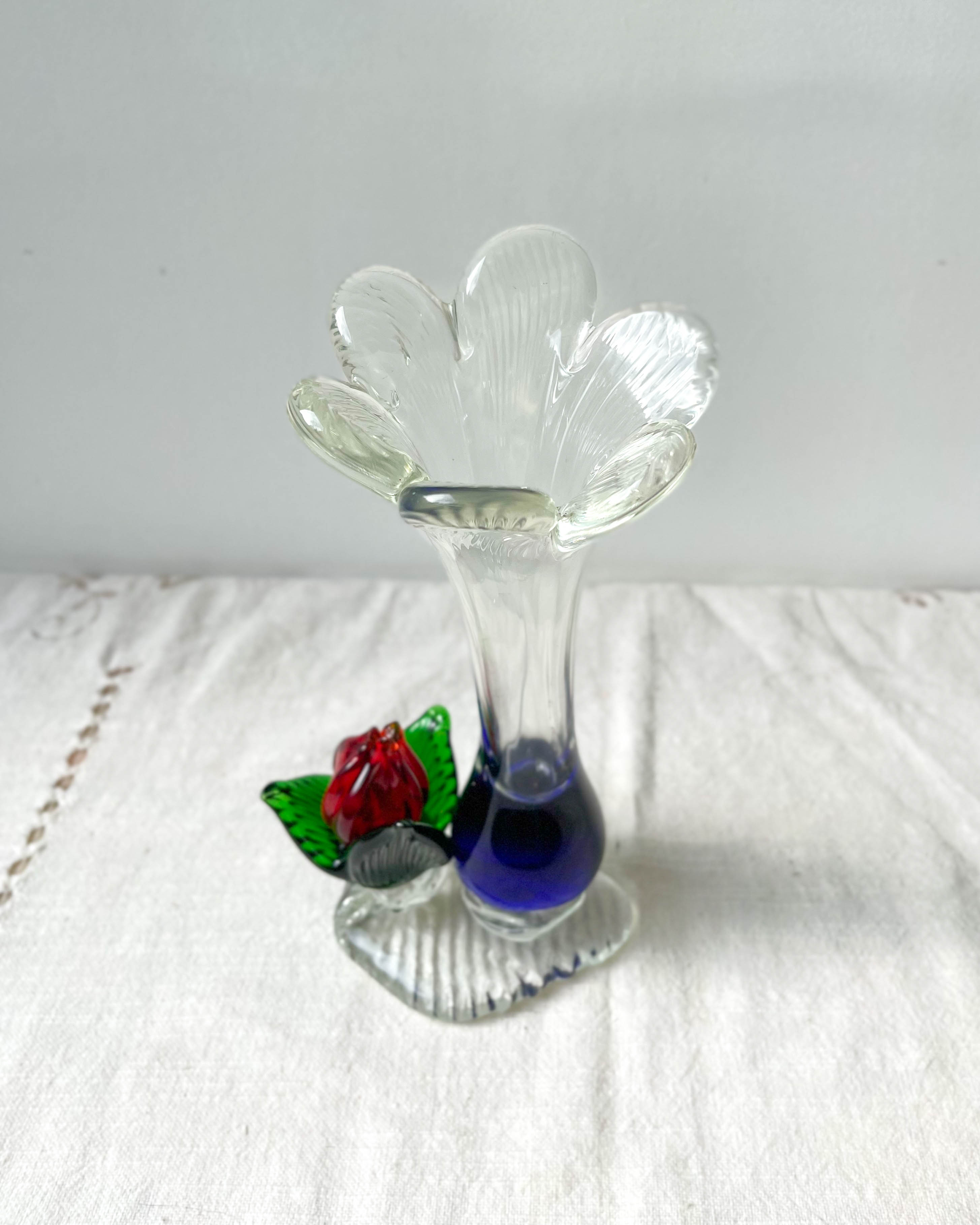 Blue red Murano glass vase with blown flower