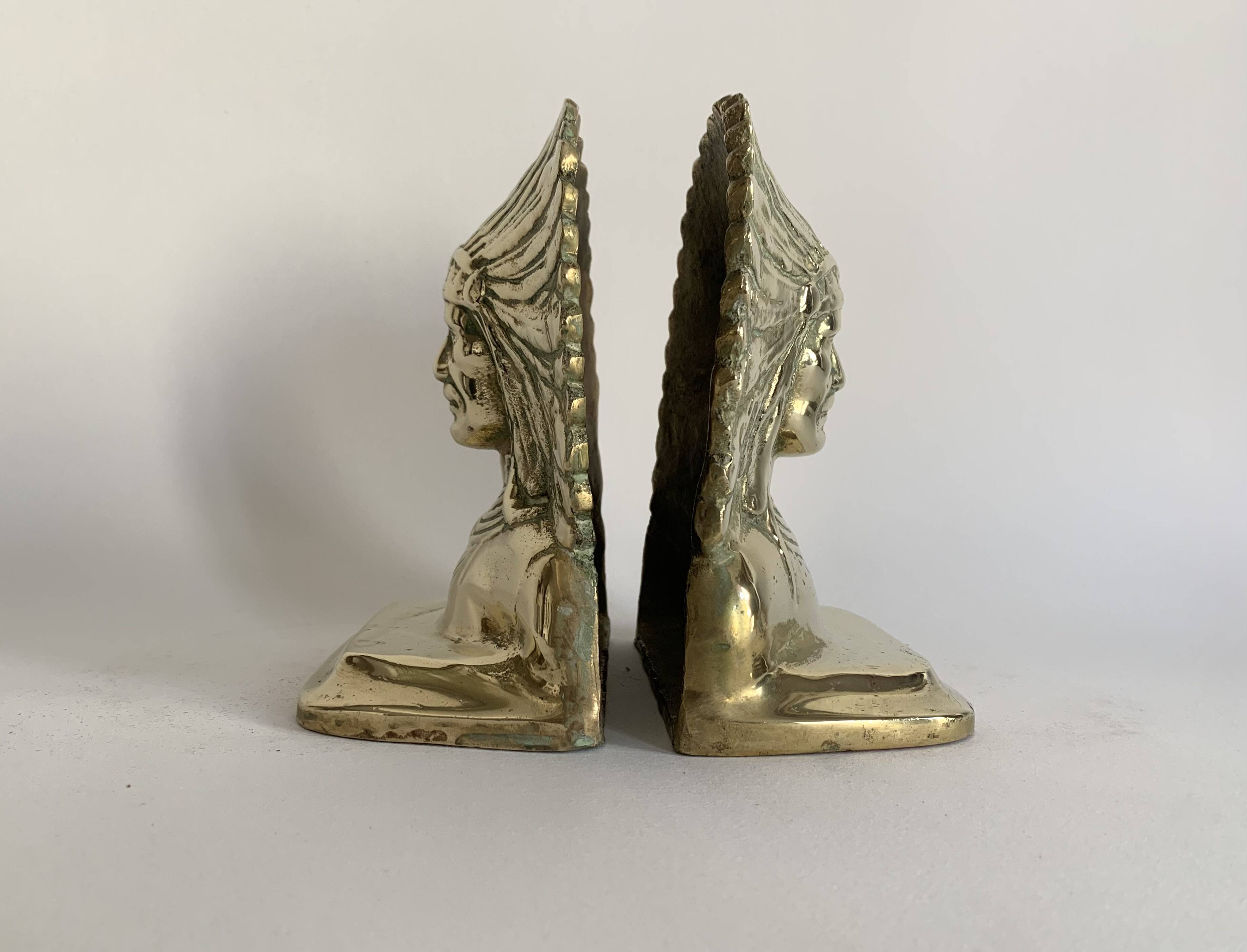 Serre-livres chef indien en laiton massif doré, 1970