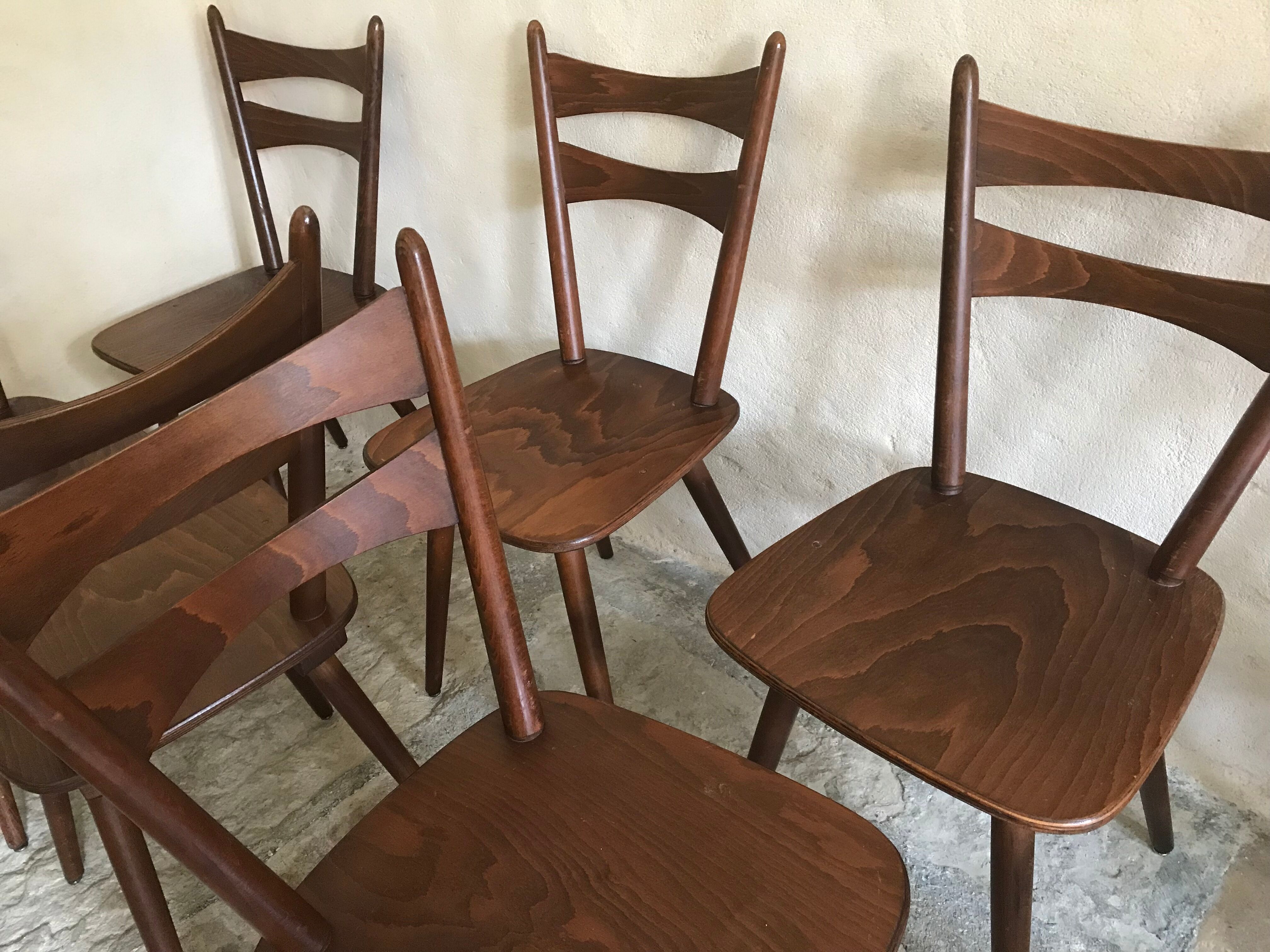 Set of 8 vintage chairs 1960 in beech compass feet