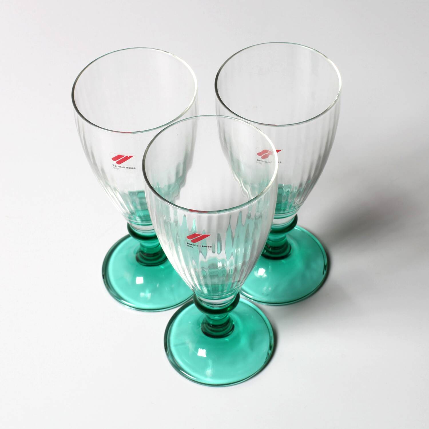 Set of 3 Vintage Bormioli Rocco Wine Glasses: Green Stem Harmonia, 1990s