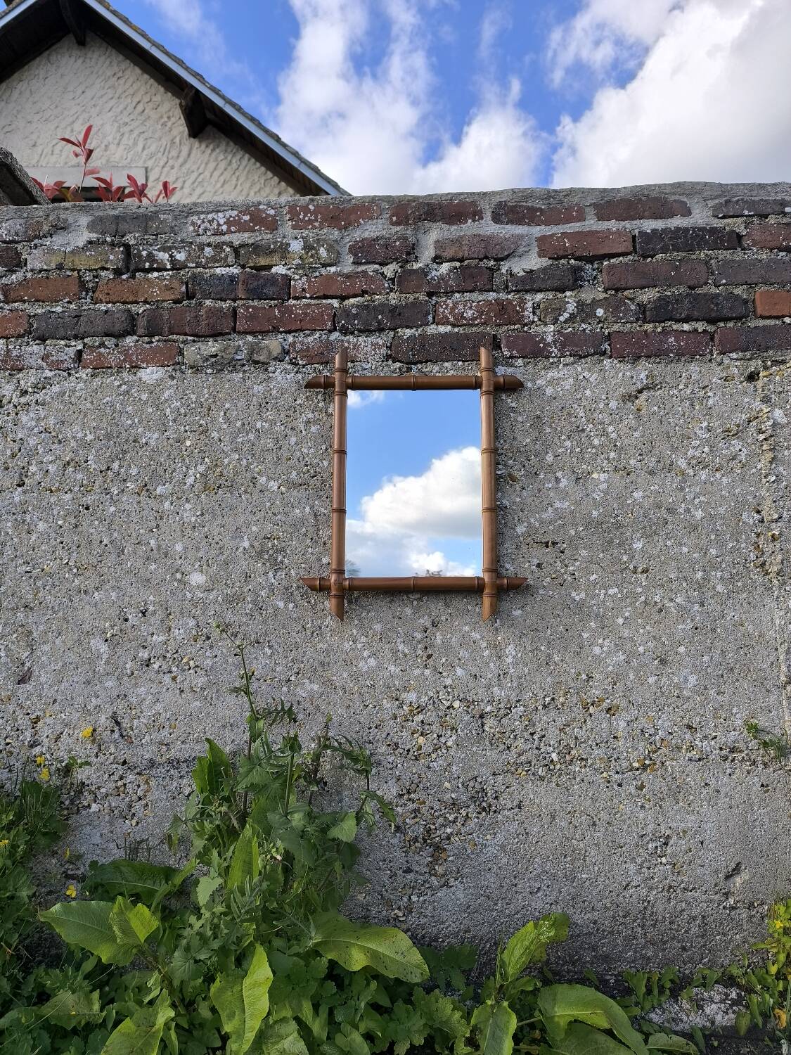 Bamboo-style turned wooden mirror, 1950s