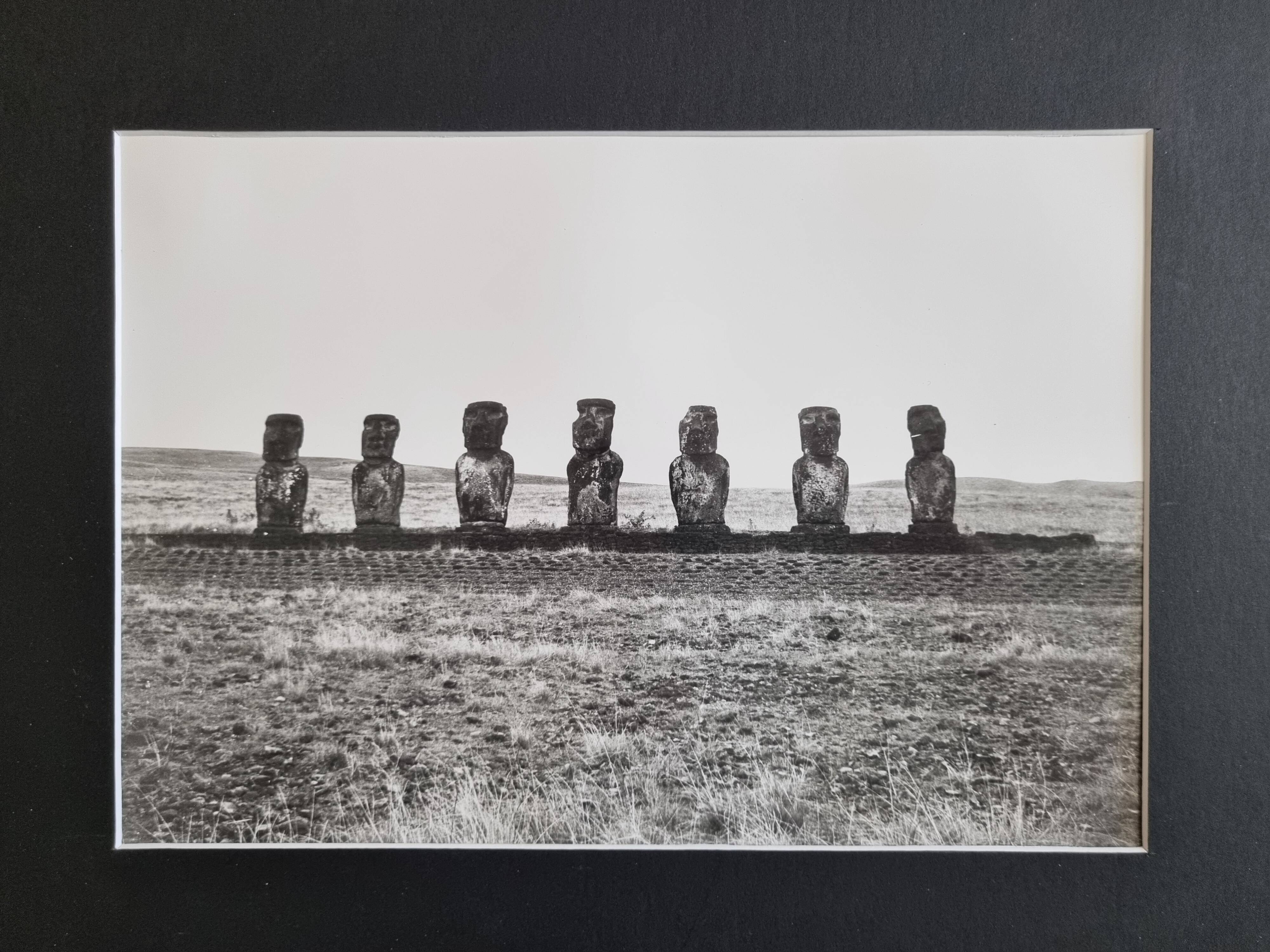 Vintage framed silver print, Moais of Easter Island, ethnological mission from 1970