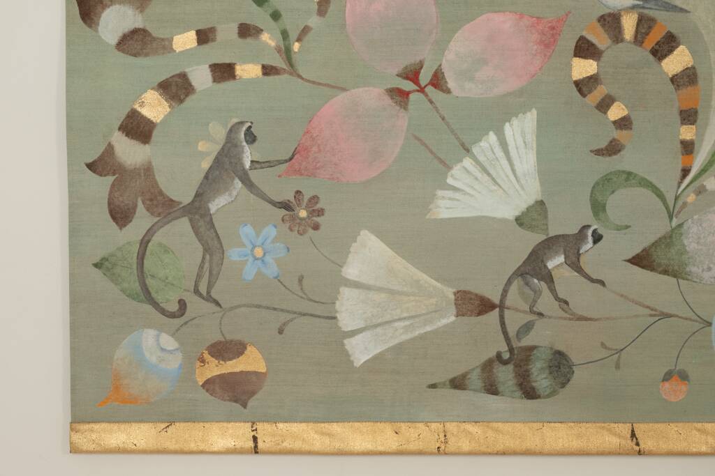 Canvas painted with a decor of lemurs, birds, and flowers. Contemporary.